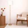 Stellar Wood Rattan Tube , Gold Brass Metal and White Linen Shade Floor Lamp