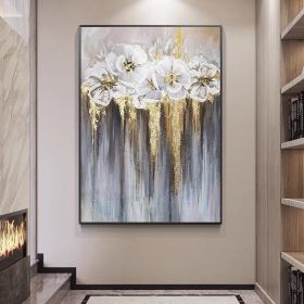 Foil golden flowers hand painted oil painting on canvas abstract large painting wall picture for home office decor (size: 75x150cm)