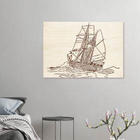 Vintage Sailboat Wood Print Wall Art in Blue Design by HadiArts (Color: Blue - Red - Brown, size: 24x24)